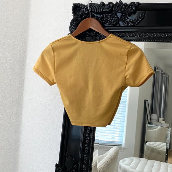 Windsor | Women's Mustard Yellow Knot Cropped T-Shirt Blouse - Picture 2 of 3